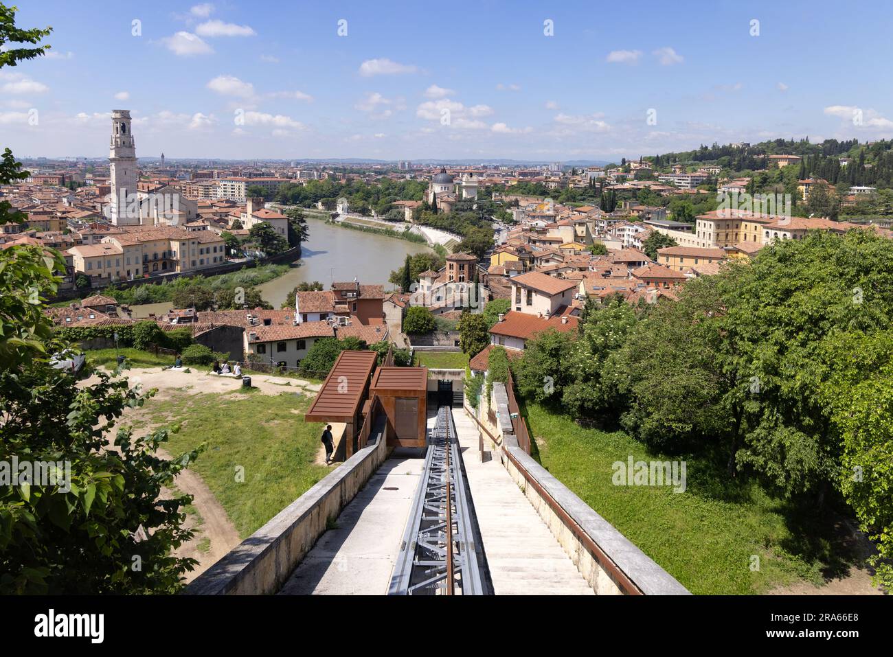 Verona Italy - view from the funicular of the city and river Adige on a sunny spring day; Verona, Veneto, Northern Italy. Verona cityscape Stock Photo