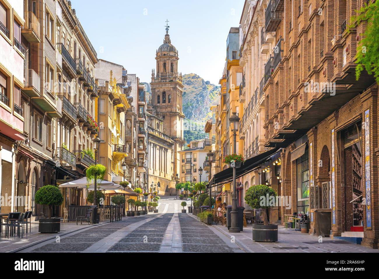 Bernabe Soriano Street and Jaen Cathedral - Jaen, Spain Stock Photo