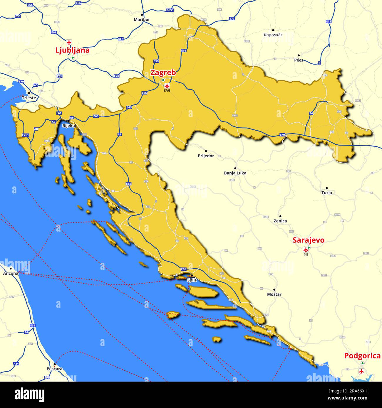 Map of Croatia with main roads and highways Stock Photo Alamy
