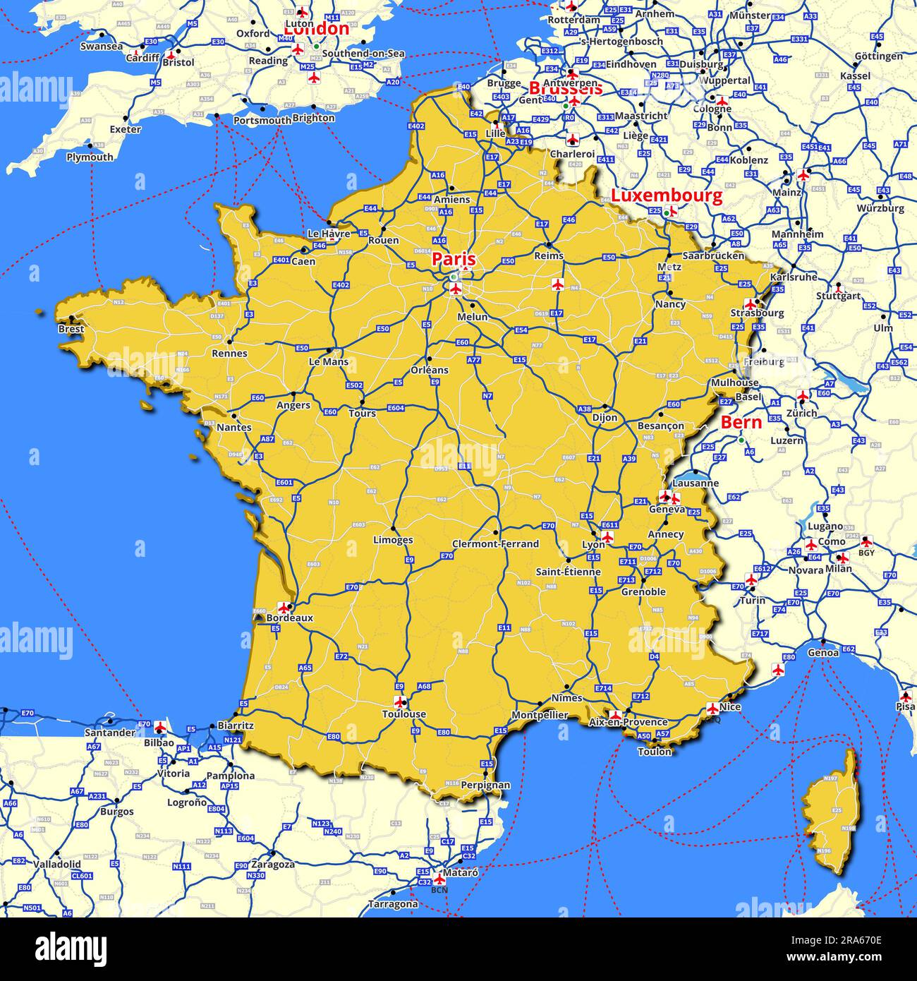 Map of France with main roads and highways Stock Photo - Alamy