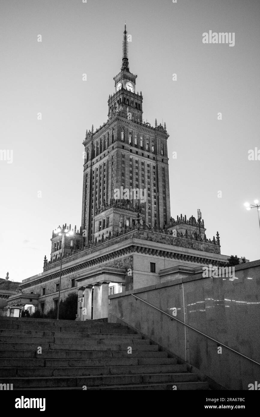 Black and white isolated, Palace of Culture and science in Warsaw, Poland Stock Photo
