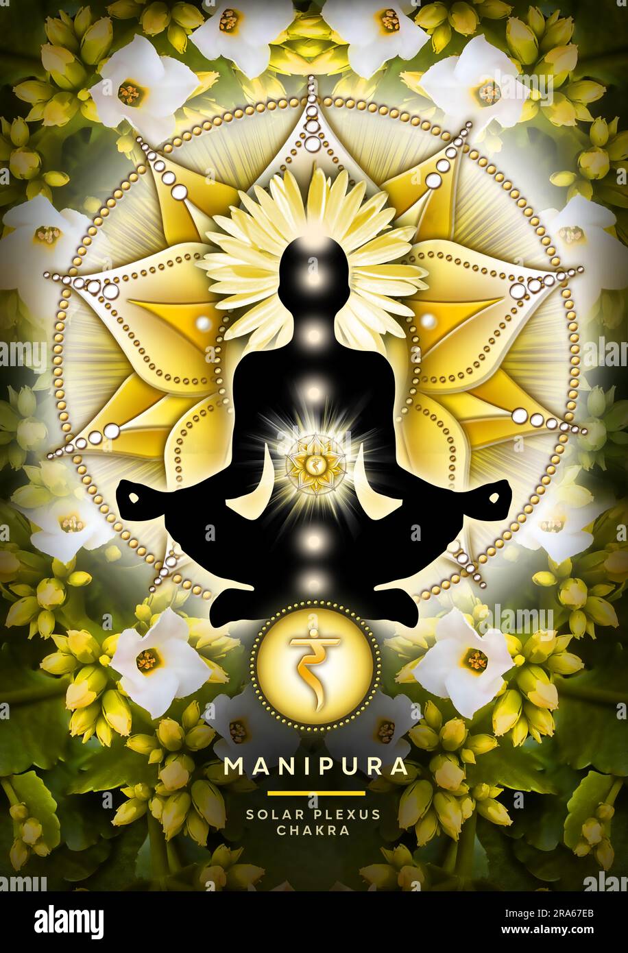 Solar plexus chakra meditation in yoga lotus pose, in front of Manipura chakra symbol and beautiful spring flowers. Stock Photo