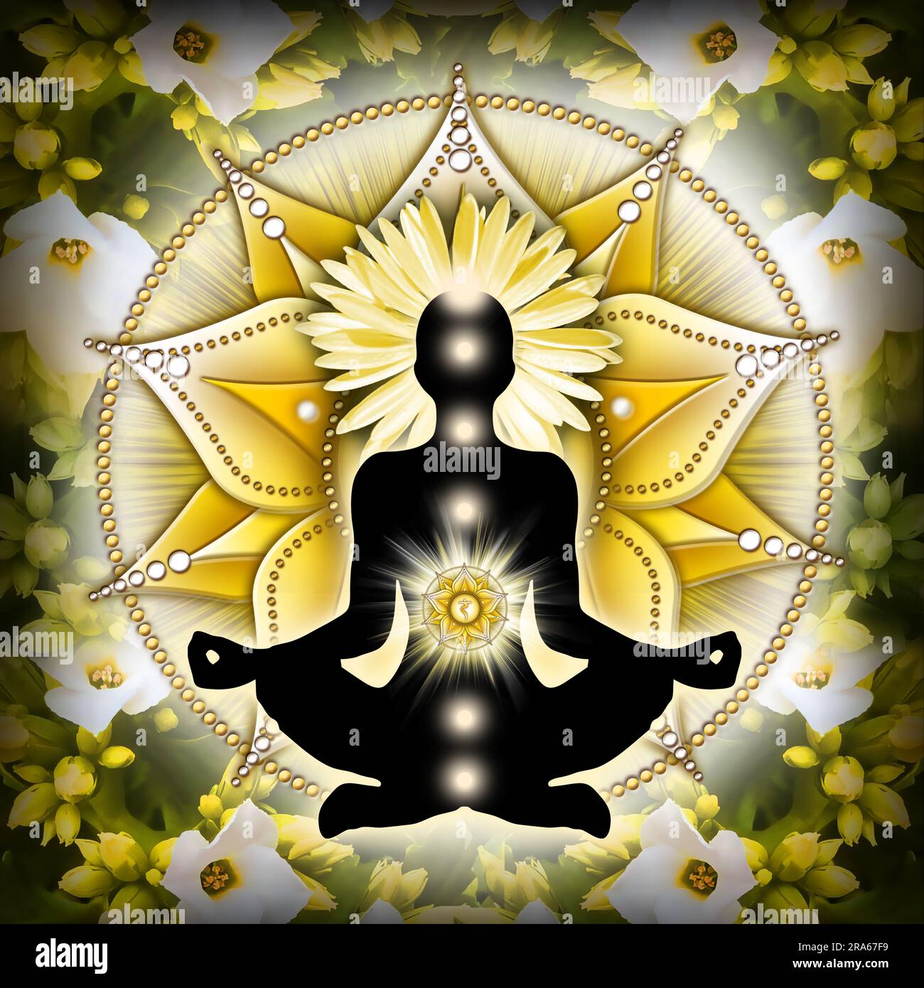 Solar plexus chakra meditation in yoga lotus pose, in front of Manipura chakra symbol and beautiful spring flowers. Stock Photo