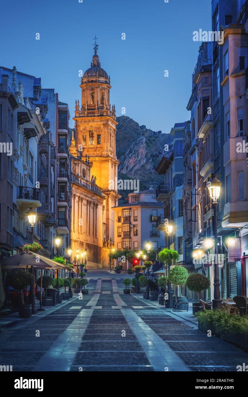 Bernabe Soriano Street and Jaen Cathedral at Night - Jaen, Spain Stock Photo