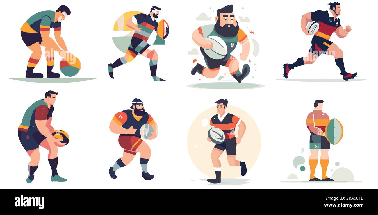 A set of flat Rugby Player and Rugby Game vector illustration Stock