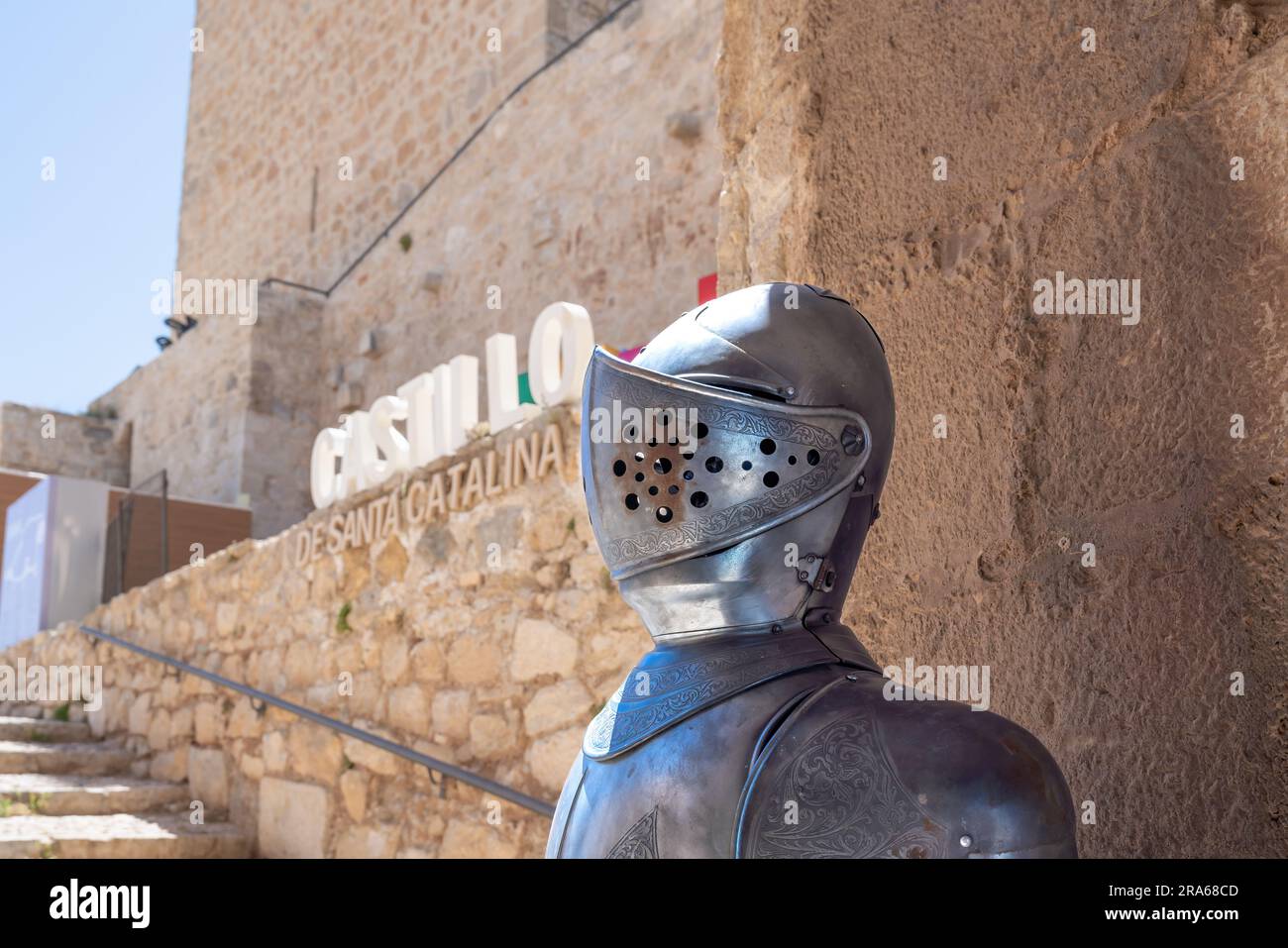 Medieval Knight Plate armour at entrance of Castle of Santa Catalina - Jaen, Spain Stock Photo