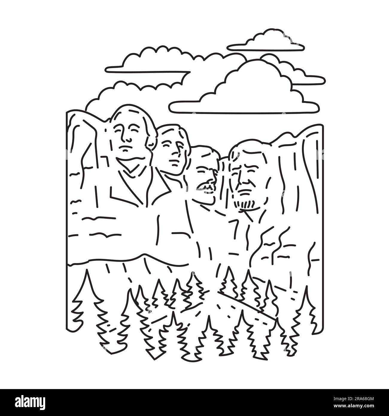 Mono line illustration of Mount Rushmore National Memorial with colossal sculpture called Shrine of Democracy in Black Hills near Keystone, South Dako Stock Photo
