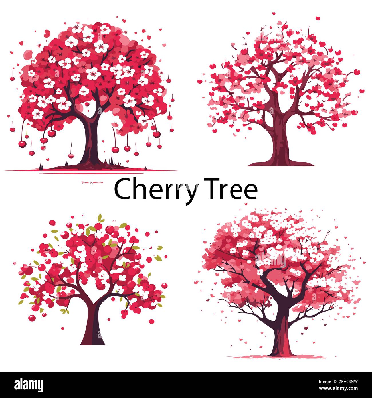 Cherry tree flat vector illustration collection. Stock Vector