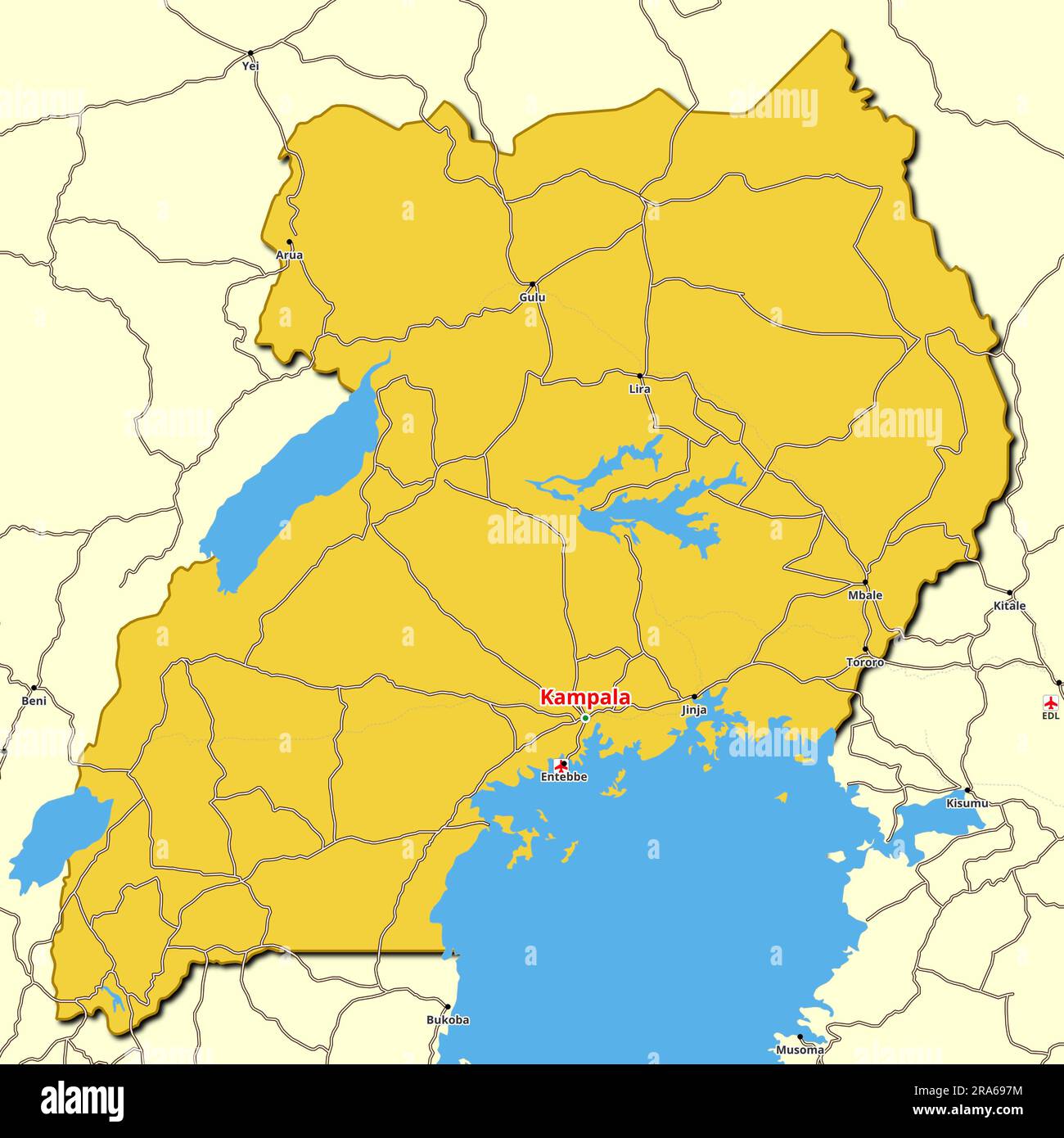 Map of Uganda with main roads and highways Stock Photo Alamy