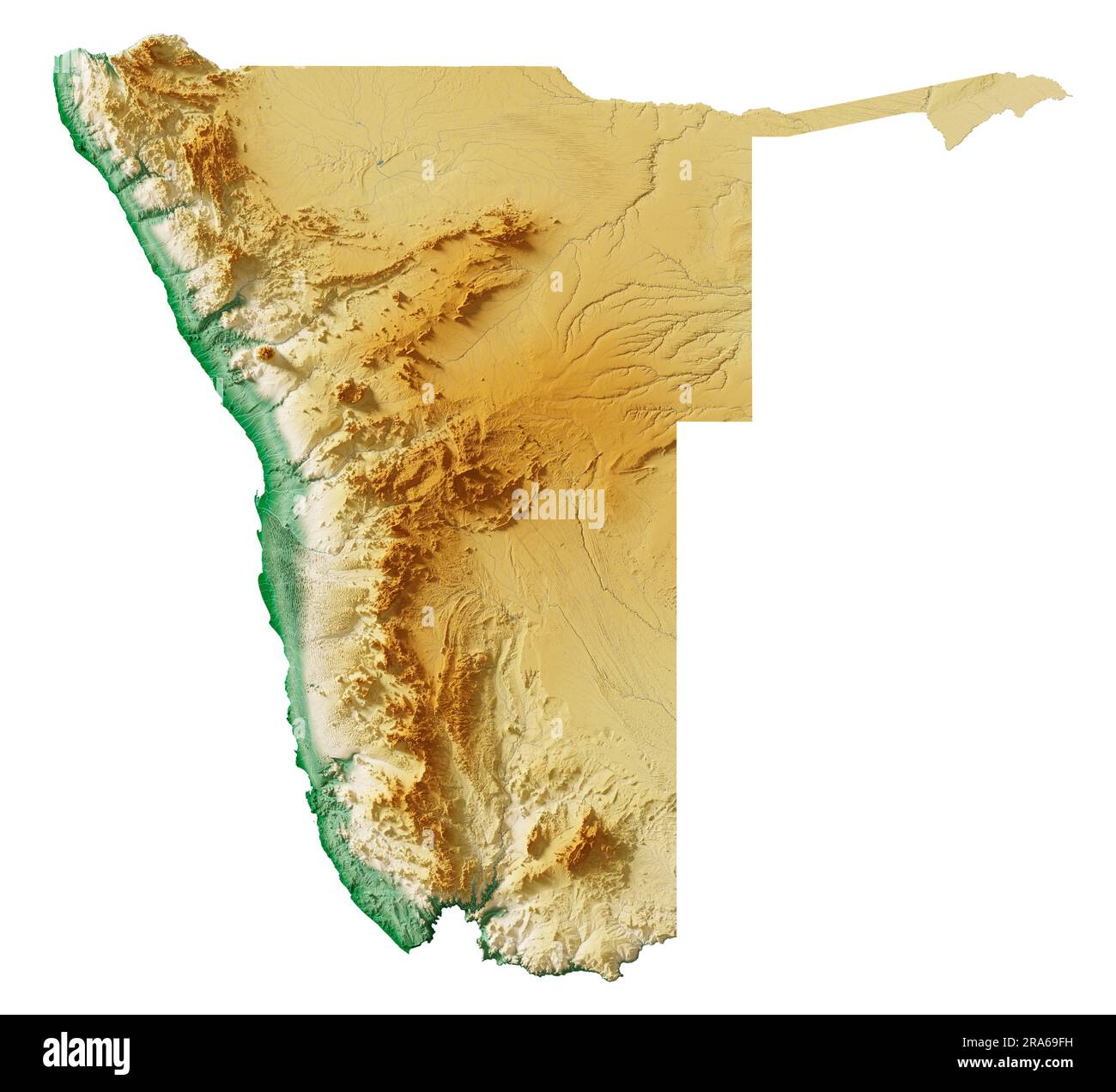 Namib Desert Physical Map Namibia Highly Detailed 3d Rendering Of Shaded Relief Map With Rivers And Lakes Colored By Elevation Pure White Background Satellite Data 2RA69FH