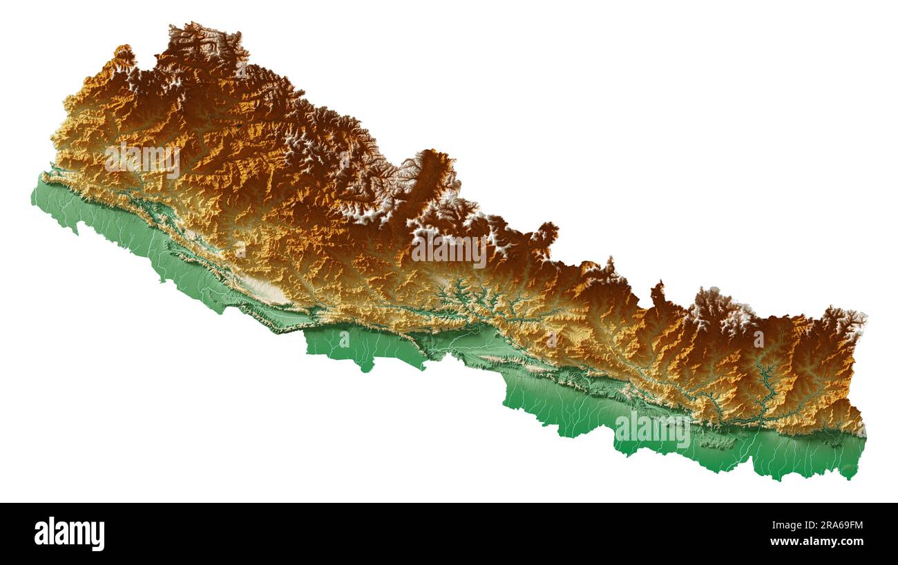 Nepal. Highly detailed 3D rendering of shaded relief map with rivers ...