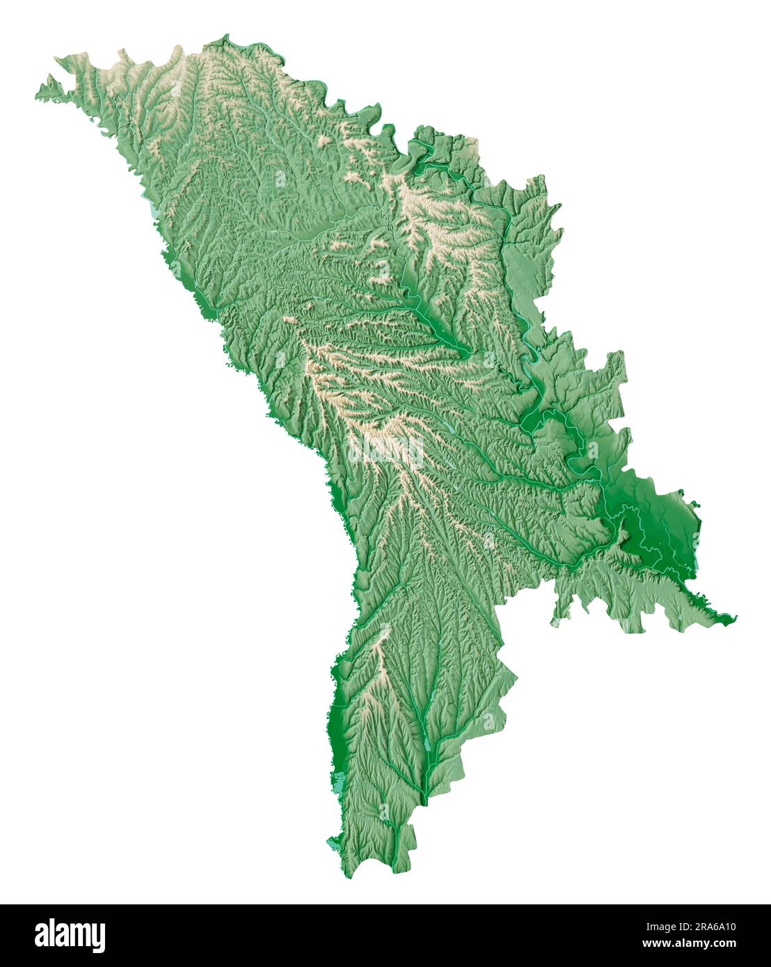 Moldova. Highly detailed 3D rendering of shaded relief map with rivers and lakes. Colored by elevation. Pure white background. Satellite data. Stock Photo