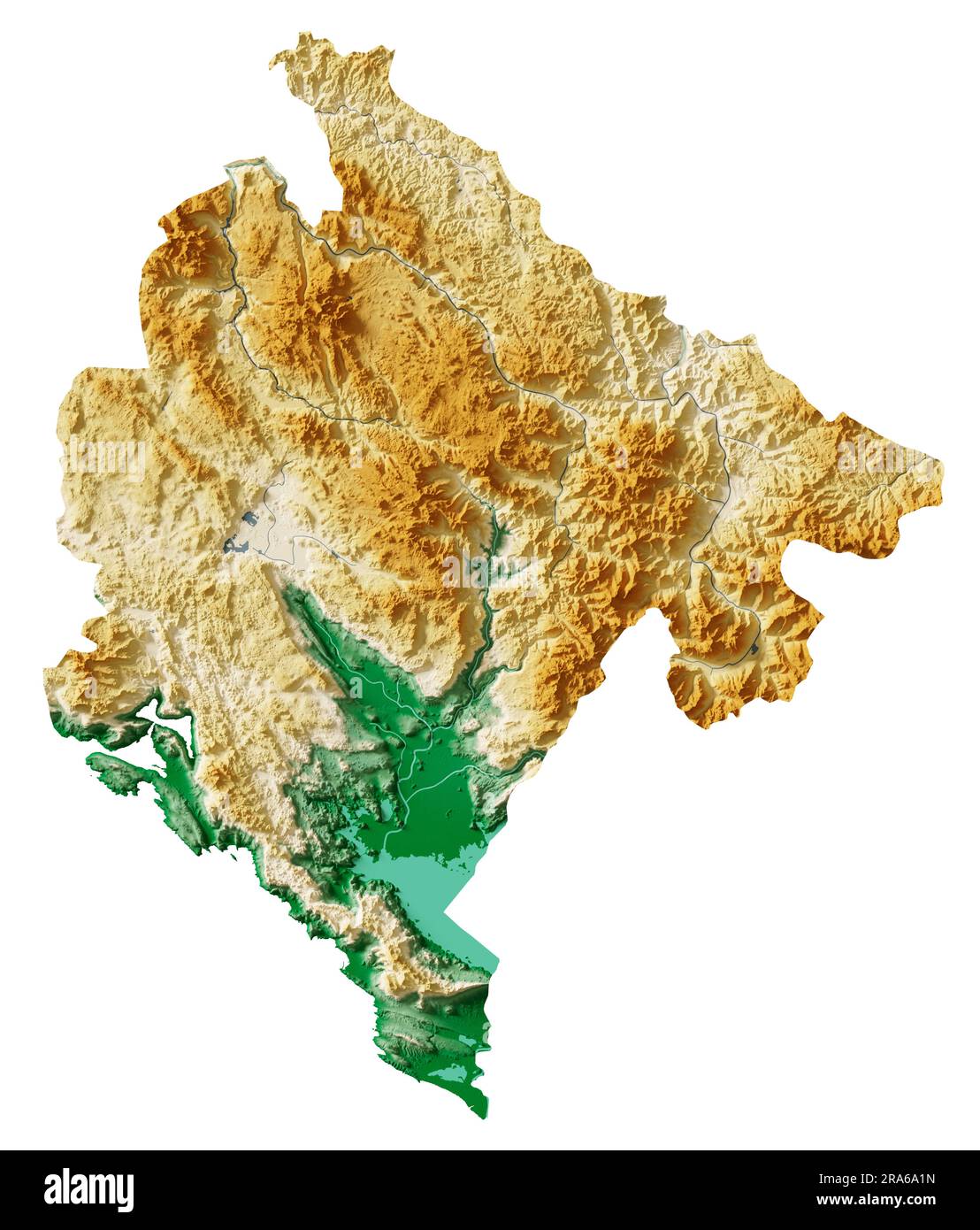 Montenegro. Highly detailed 3D rendering of shaded relief map with rivers and lakes. Colored by elevation. Pure white background. Satellite data. Stock Photo