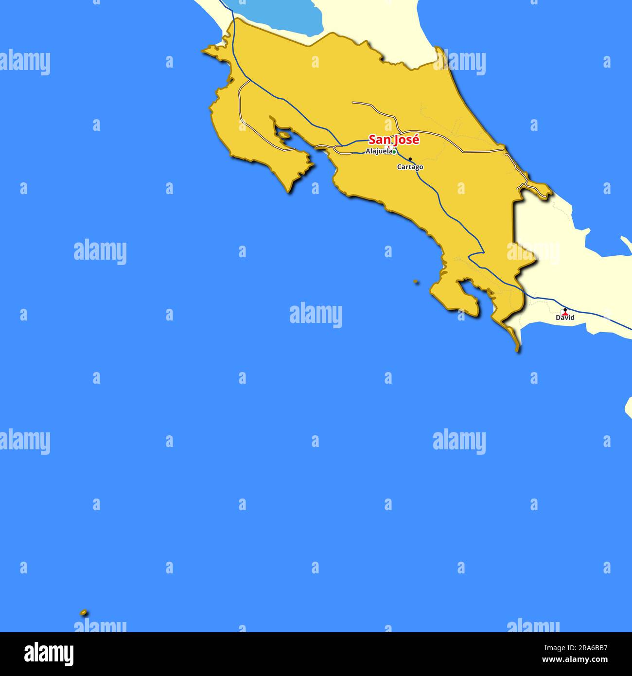 Highly detailed map of Costa Rica showcasing the main roads and highways traversing the entire