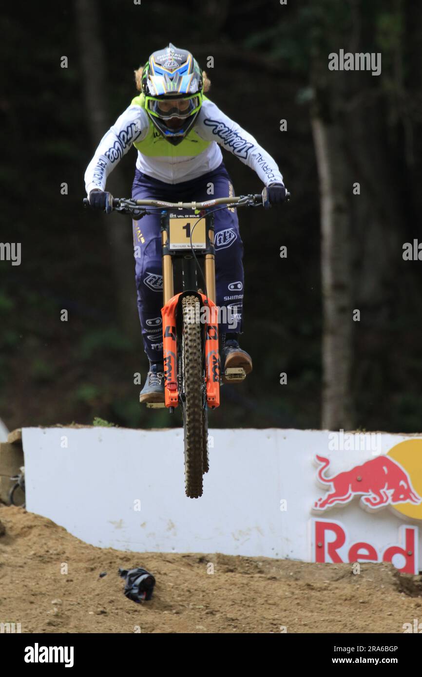 1st July 2023, Daolasa di Commezzadura, Val di Sole, Trentino, Italy; UCI Mountain Bike World Cup; Downhill Race, Camille Balanche (SUI) Credit: Action Plus Sports Images/Alamy Live News Stock Photo