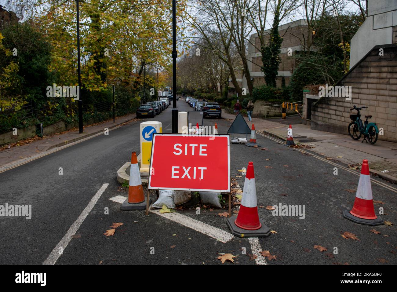 Site exit sign at the exit of a construction site in London Whittington in autumn Stock Photo