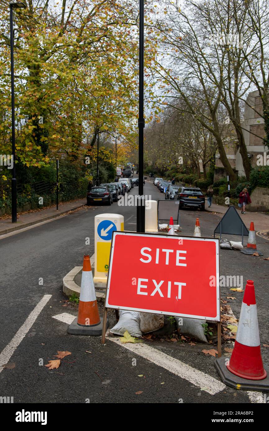 Site exit sign at the exit of a construction site in London Whittington in autumn Stock Photo
