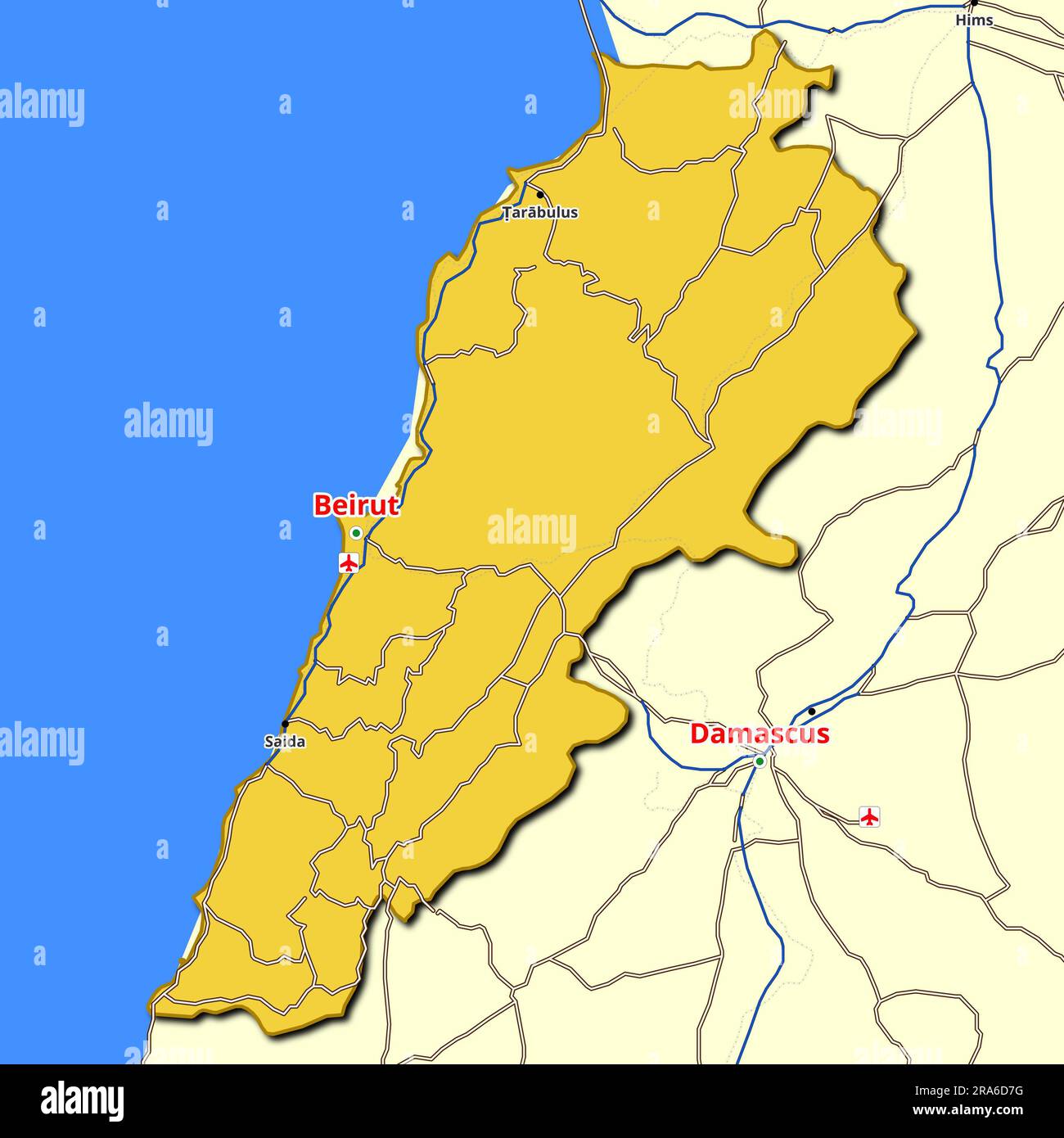 Country map of Lebanon featuring the major roads and highways spanning