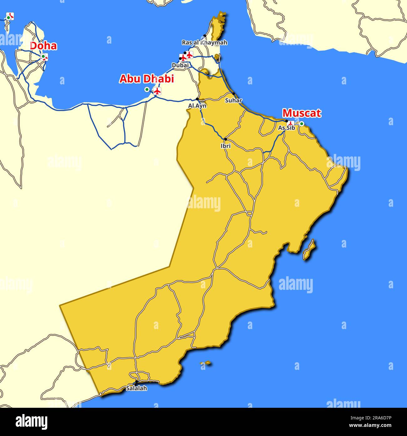 Country map of Oman featuring the major roads and highways spanning ...