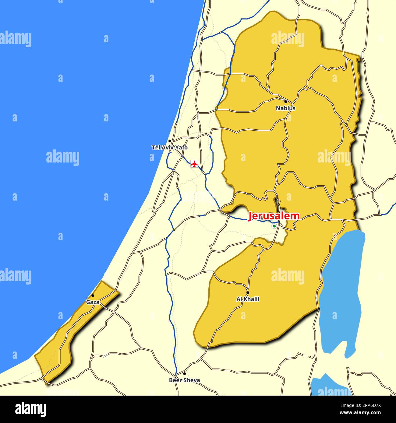 Country map of Palestine featuring the major roads and highways