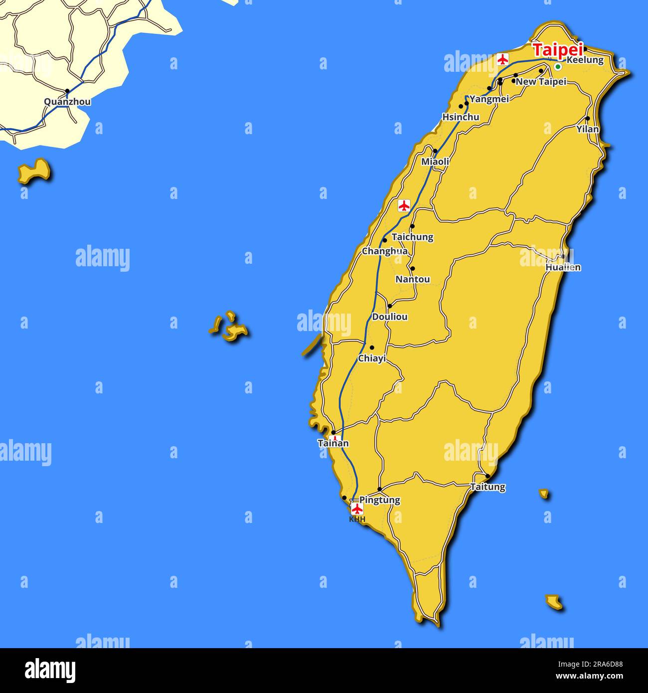 Country map of Taiwan featuring the major roads and highways spanning