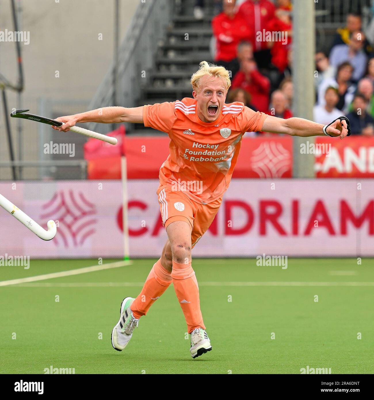 Antwerp, Belgium. 01st July, 2023. ANTWERP, 01-07-2023, Sportcenter  Wilrijkse Plein, FIH Hockey Pro League Men 2022-2023, Belgium -  Netherlands. Tjep Hoedemakers scores and celebrates during the game Belgium  - Netherlands (men). (Photo