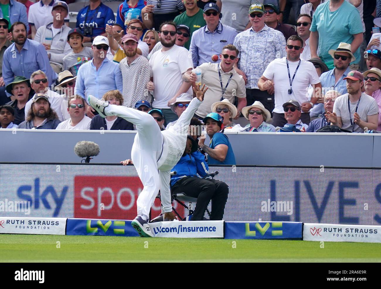 Boundry Rope England's Rehan Ahmed makes a diving catch to deny Australia's Mitchell ...