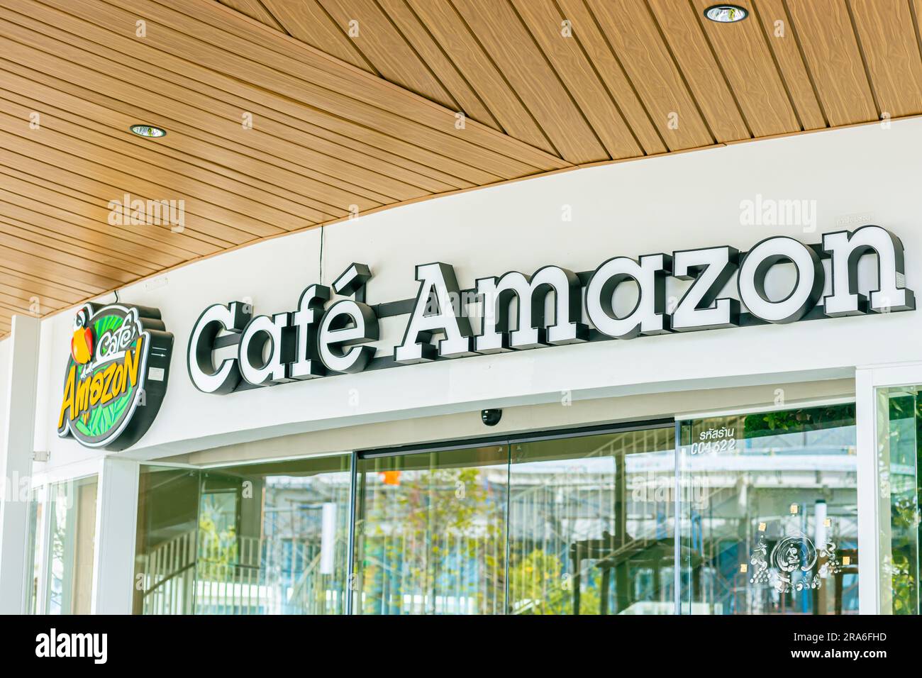 Bangkok,THAILAND - June 25 2023: Cafe Amazon business sign symbol logo at store front facade, Amazon cafe is Thai most popular coffee store most sale Stock Photo