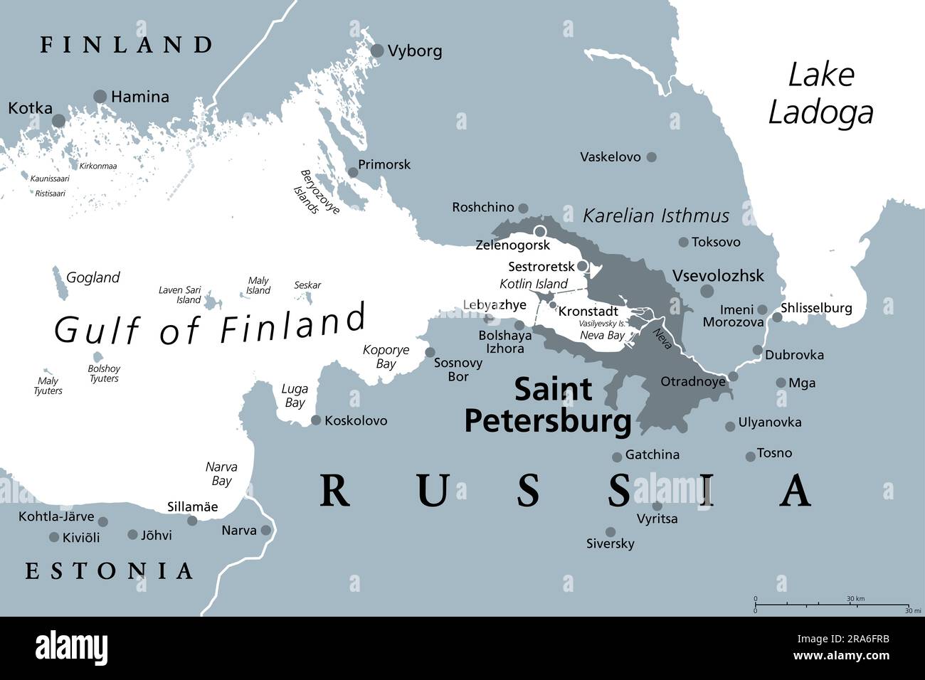Saint Petersburg area, gray political map. Second-largest city in Russia, formerly known as Petrograd and later Leningrad. Situated on the Neva River. Stock Photo