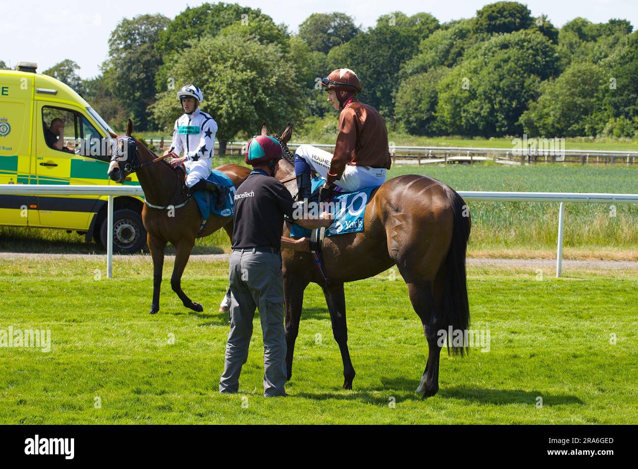 Jockey Ben Robinson on Travel Candy at York Racecourse. Stock Photo