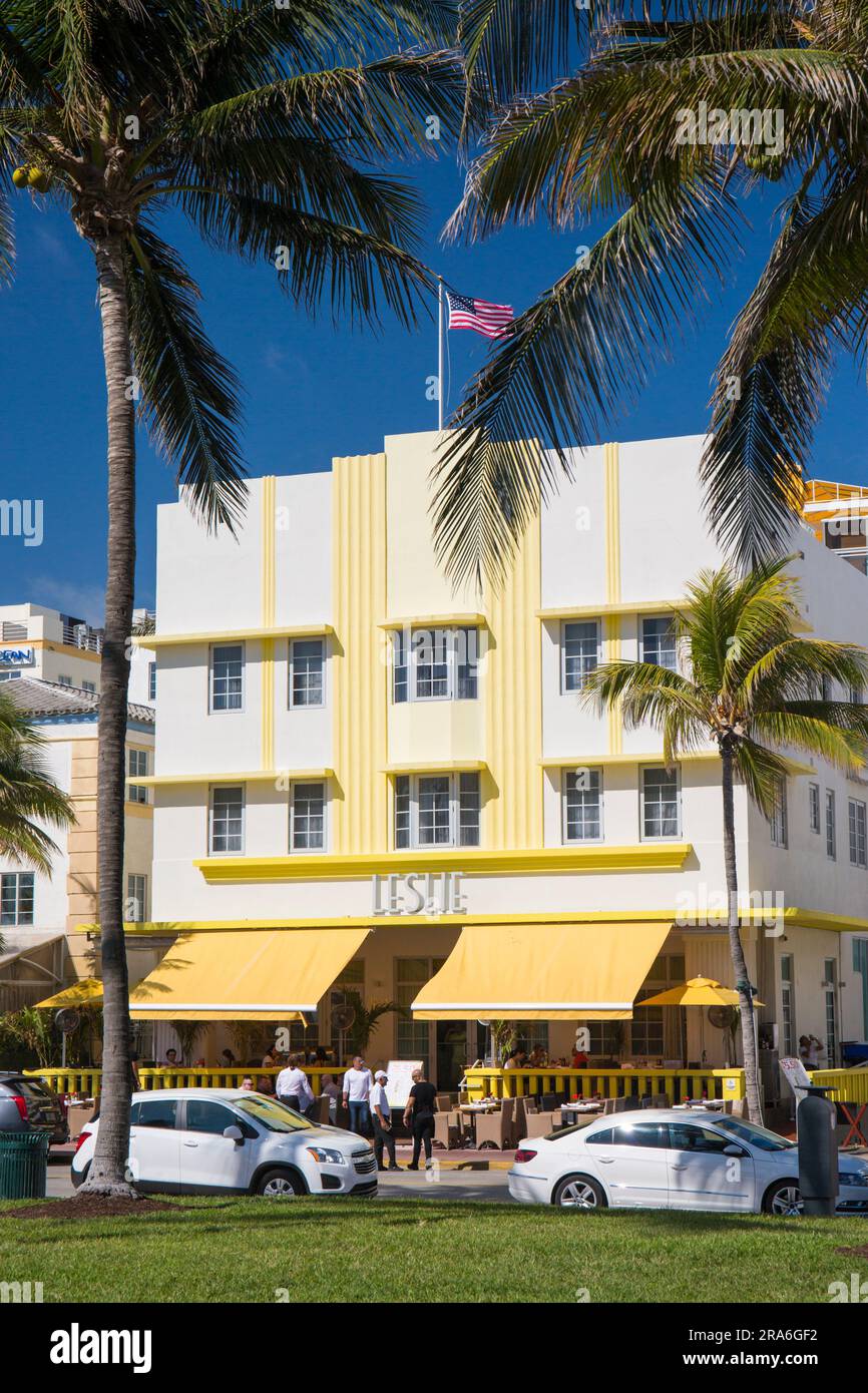 Miami Beach, Florida, USA. View from Lummus Park to the Leslie Hotel, Ocean Drive, Miami Beach Architectural District, South Beach. Stock Photo