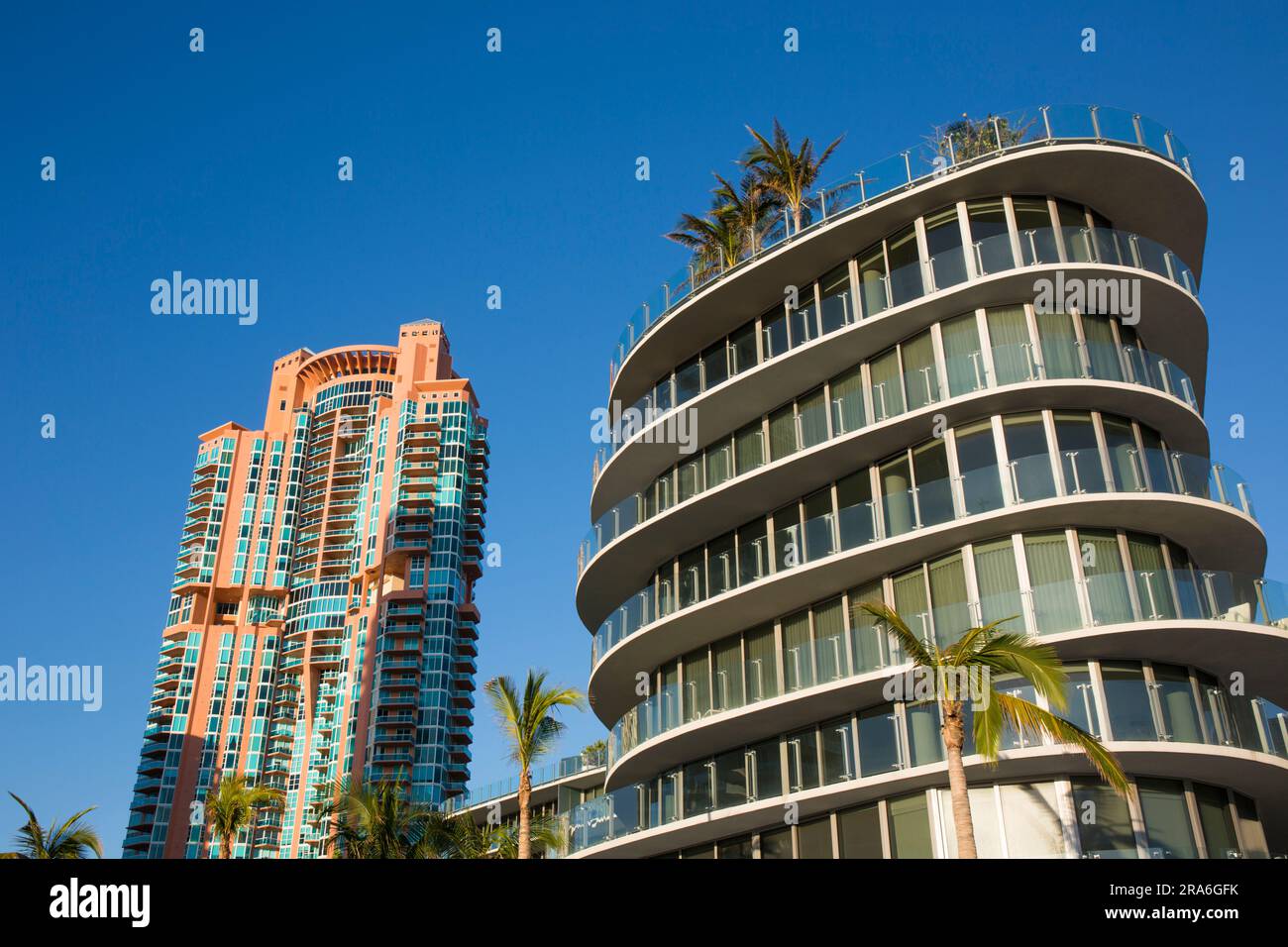 Miami Beach, Florida, USA. Portofino Tower and One Ocean, modern SoFi condominium complexes, Ocean Drive, South Beach. Stock Photo