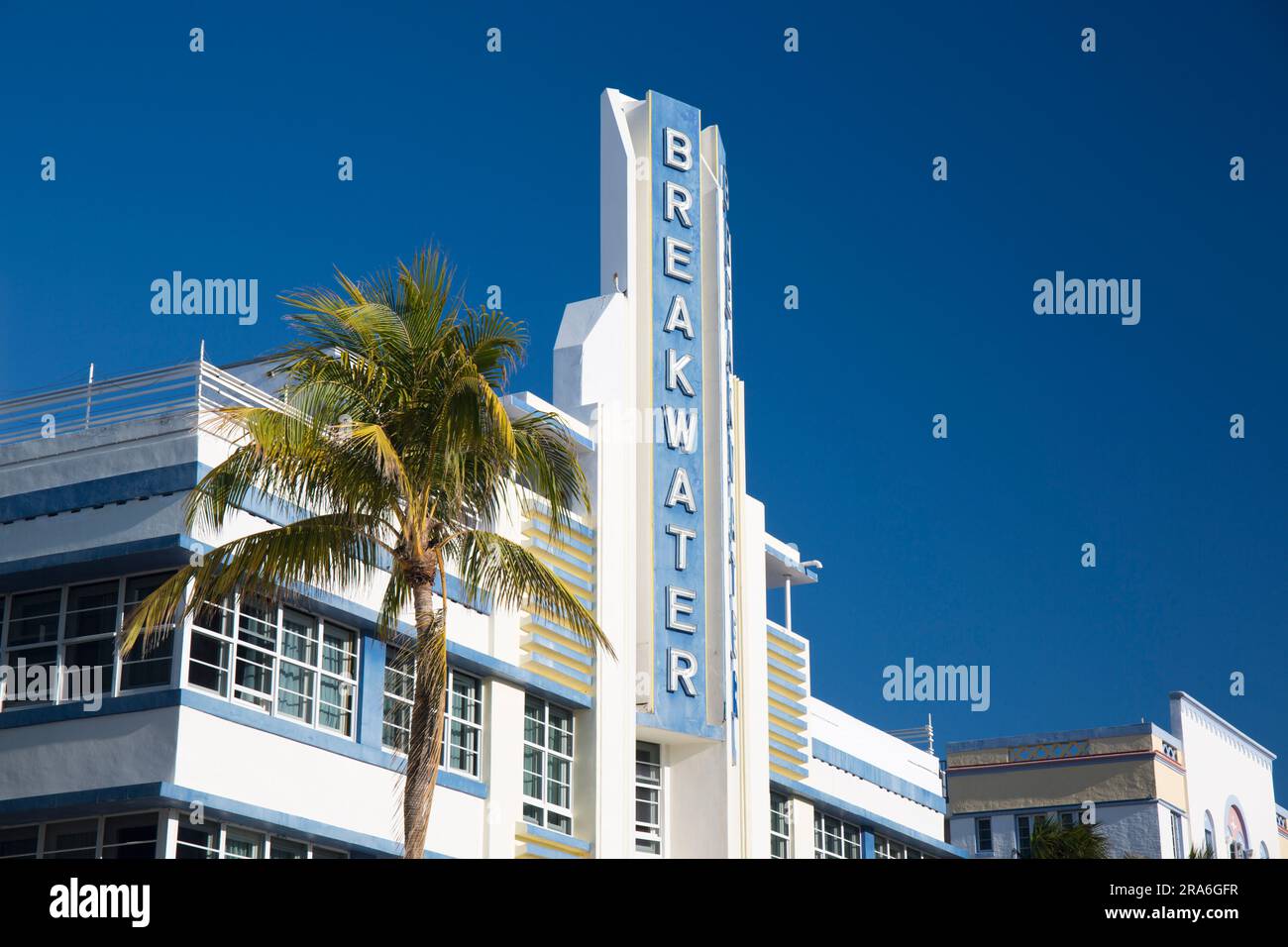 Miami Beach, Florida, USA. Facade of the Breakwater Hotel, Ocean Drive, Miami Beach Architectural District, South Beach. Stock Photo