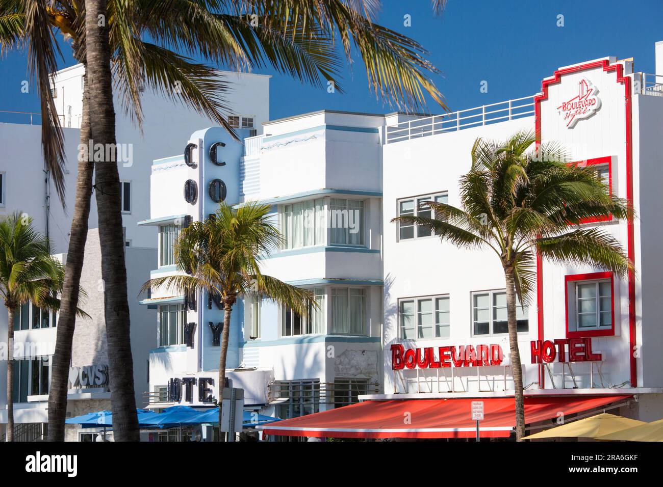Miami Beach, Florida, USA. Colourful facades of the Boulevard and Colony Hotels, Ocean Drive, Miami Beach Architectural District, South Beach. Stock Photo