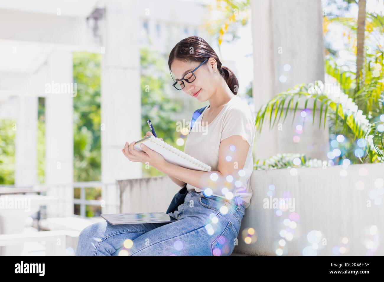 University teen girl happy smiling enjoy learning education. young woman with diary note pocket book Stock Photo