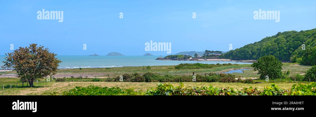 panoramic view from the former abbey Notre-Dame de Beauporte in the village of Paimpol in Brittany onto the atlantic ocean, France Stock Photo
