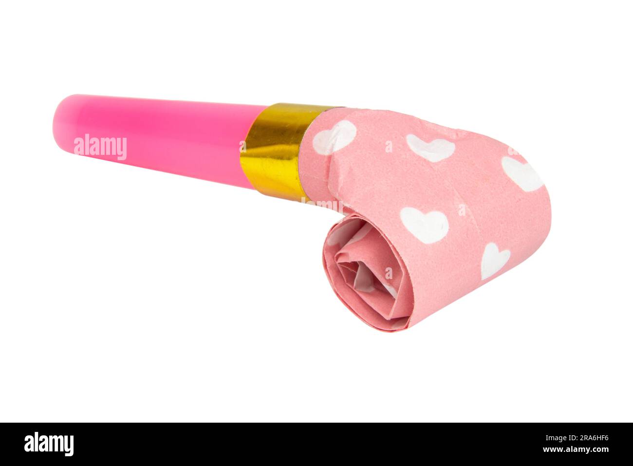 Pink horn noisemaker rolled for party isolated on the white background Stock Photo