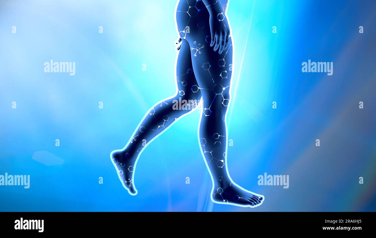 Leg health, specific supplements, help for the body. Boy walking, 3d rendering. Muscle tone and invigorating supplements. Increased performance Stock Photo