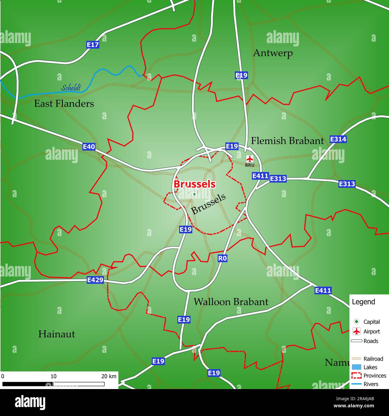 Map of the capital city Brussels with main streets, rivers, lakes, urban areas and names of counties near Stock Photo