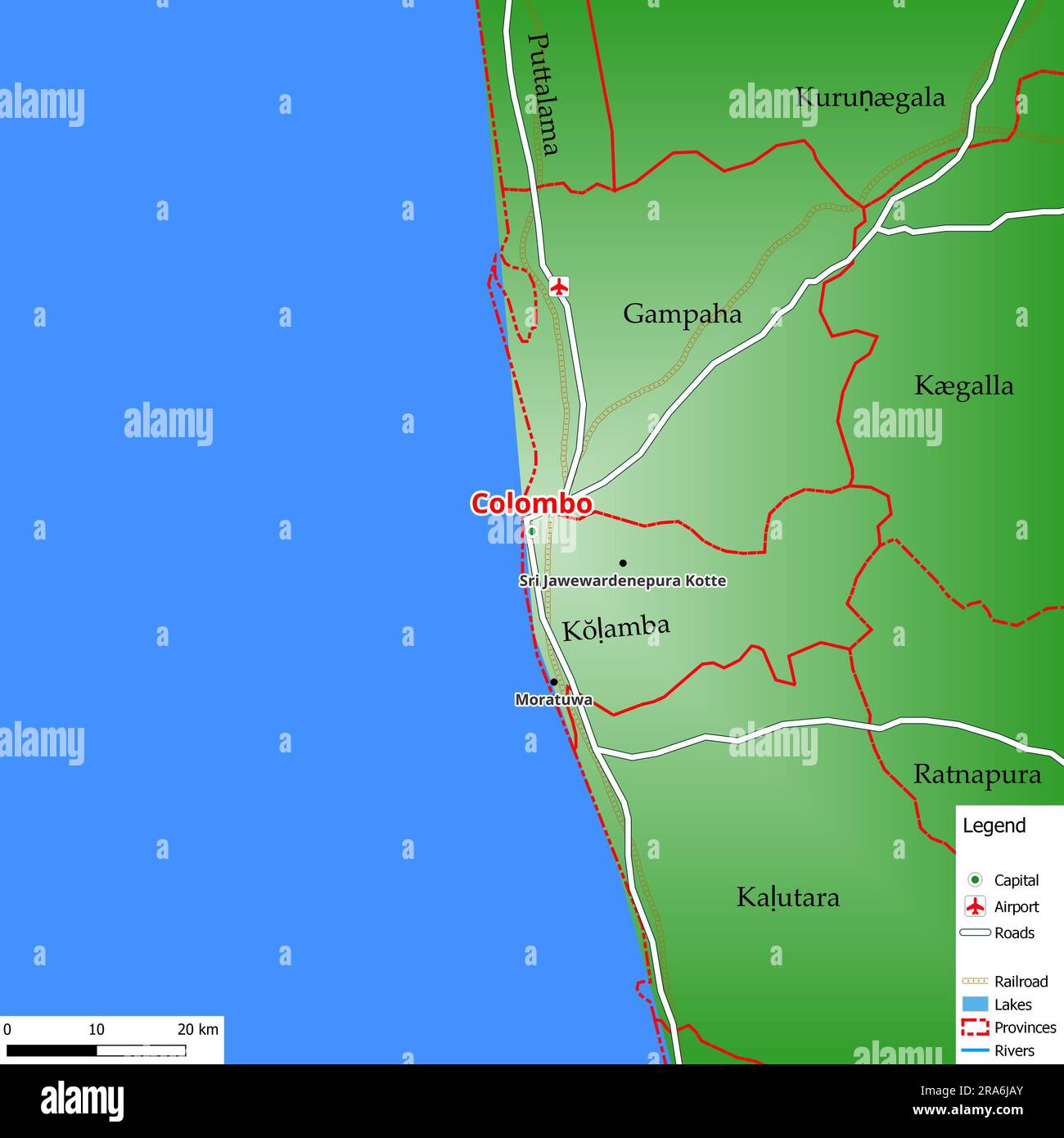 Map of the capital city Colombo with main streets, rivers, lakes, urban areas and names of counties near Stock Photo