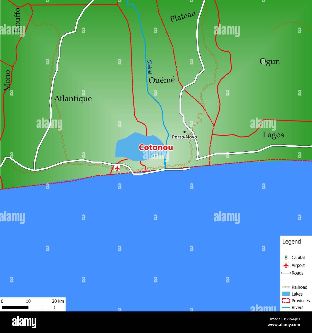 Map of the capital city Cotonou with main streets, rivers, lakes, urban ...