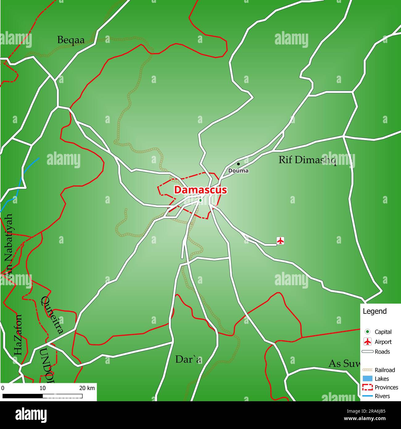 Map of the capital city Damascus with main streets, rivers, lakes