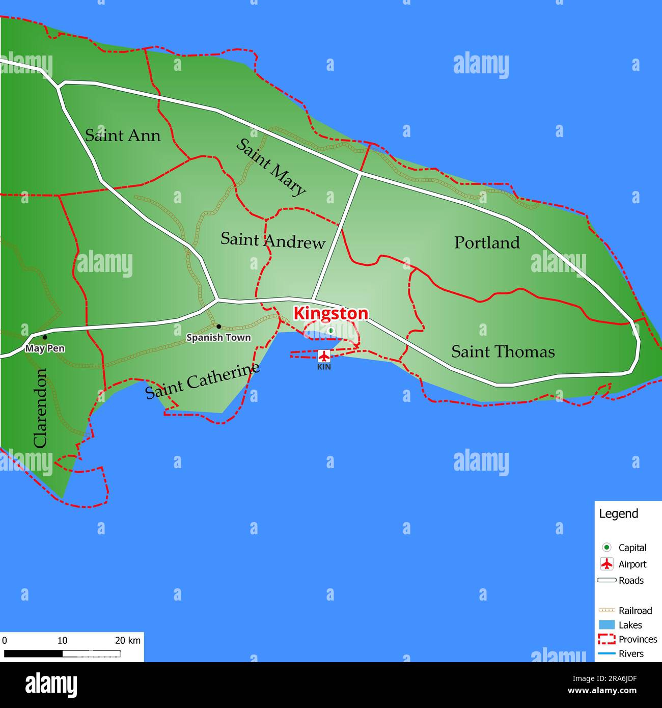 Map of the capital city Kingston with main streets, rivers, lakes