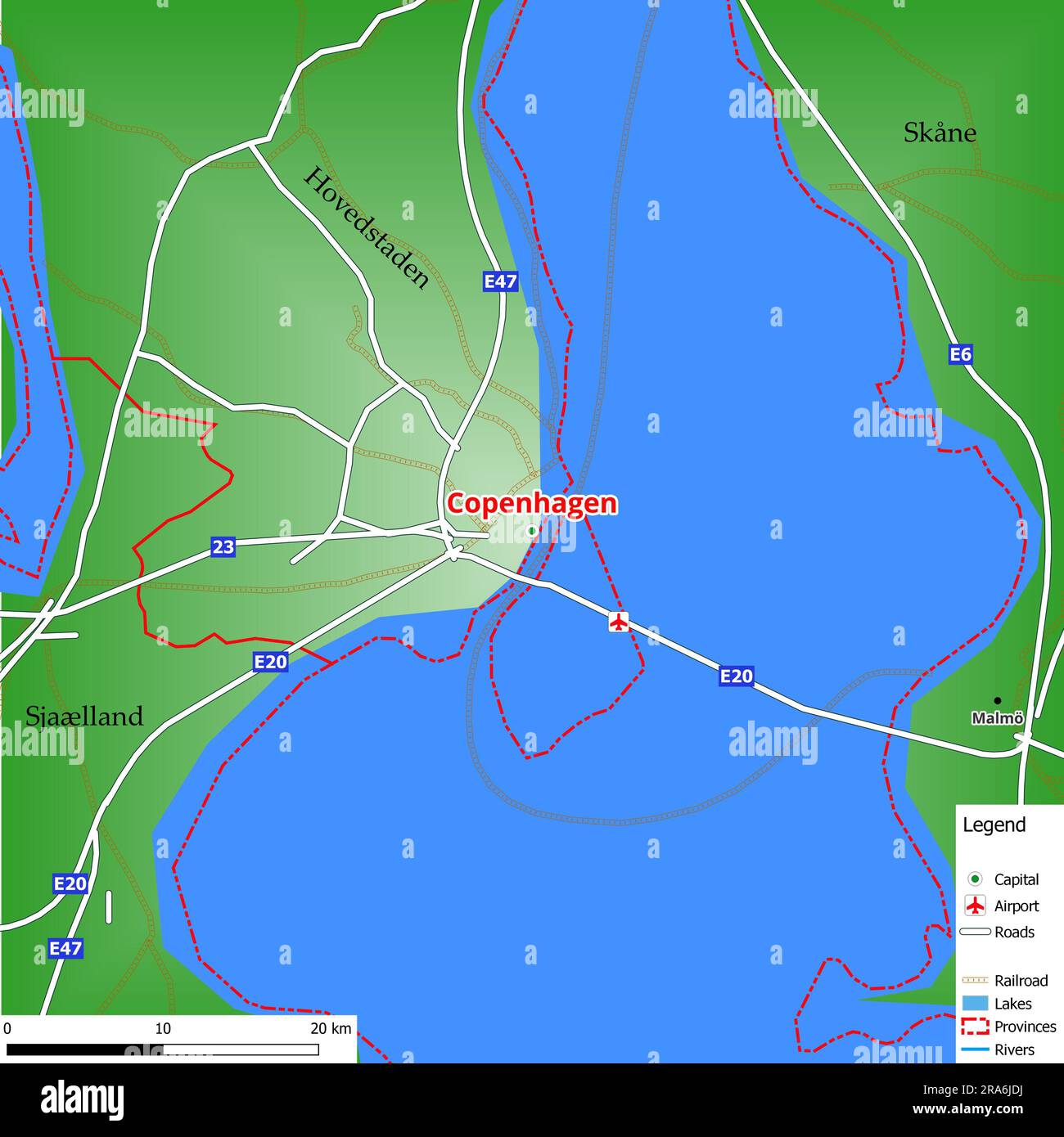 Map of the capital city København with main streets, rivers, lakes, urban areas and names of counties near Stock Photo