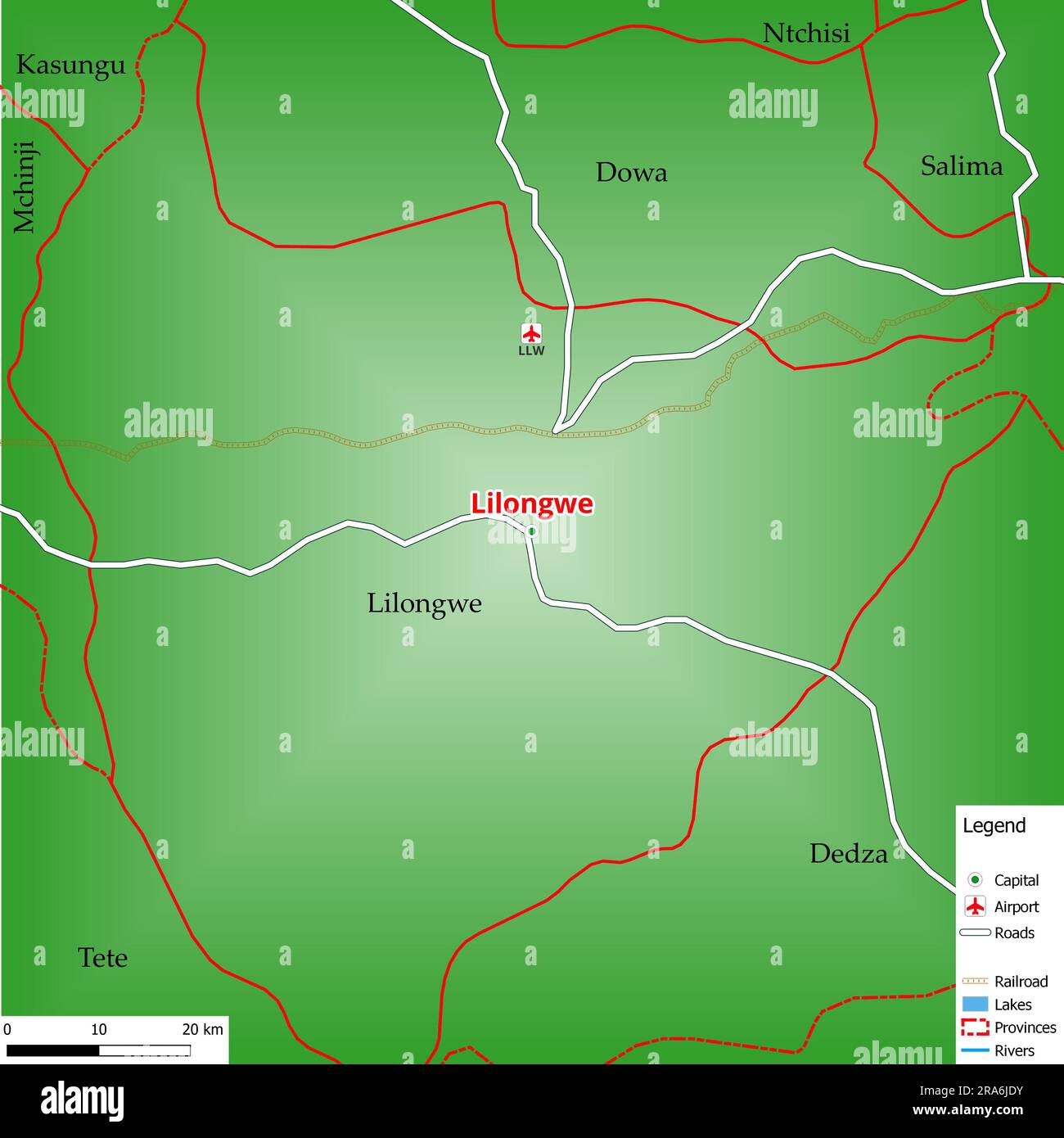 Map of the capital city Lilongwe with main streets, rivers, lakes, urban areas and names of counties near Stock Photo