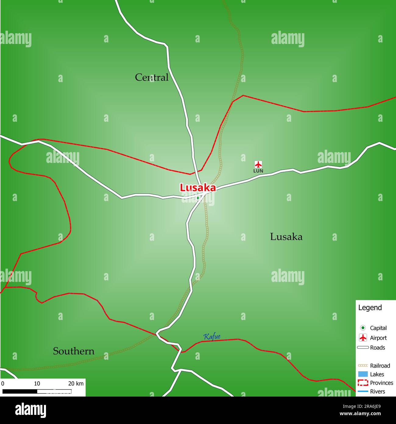 Map of the capital city Lusaka with main streets, rivers, lakes, urban areas and names of counties near Stock Photo