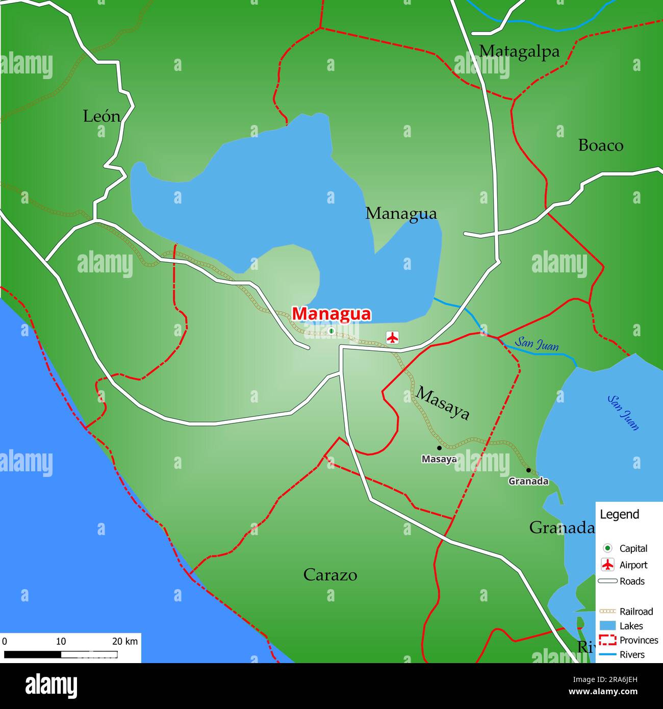 Map of the capital city Managua with main streets, rivers, lakes, urban areas and names of
