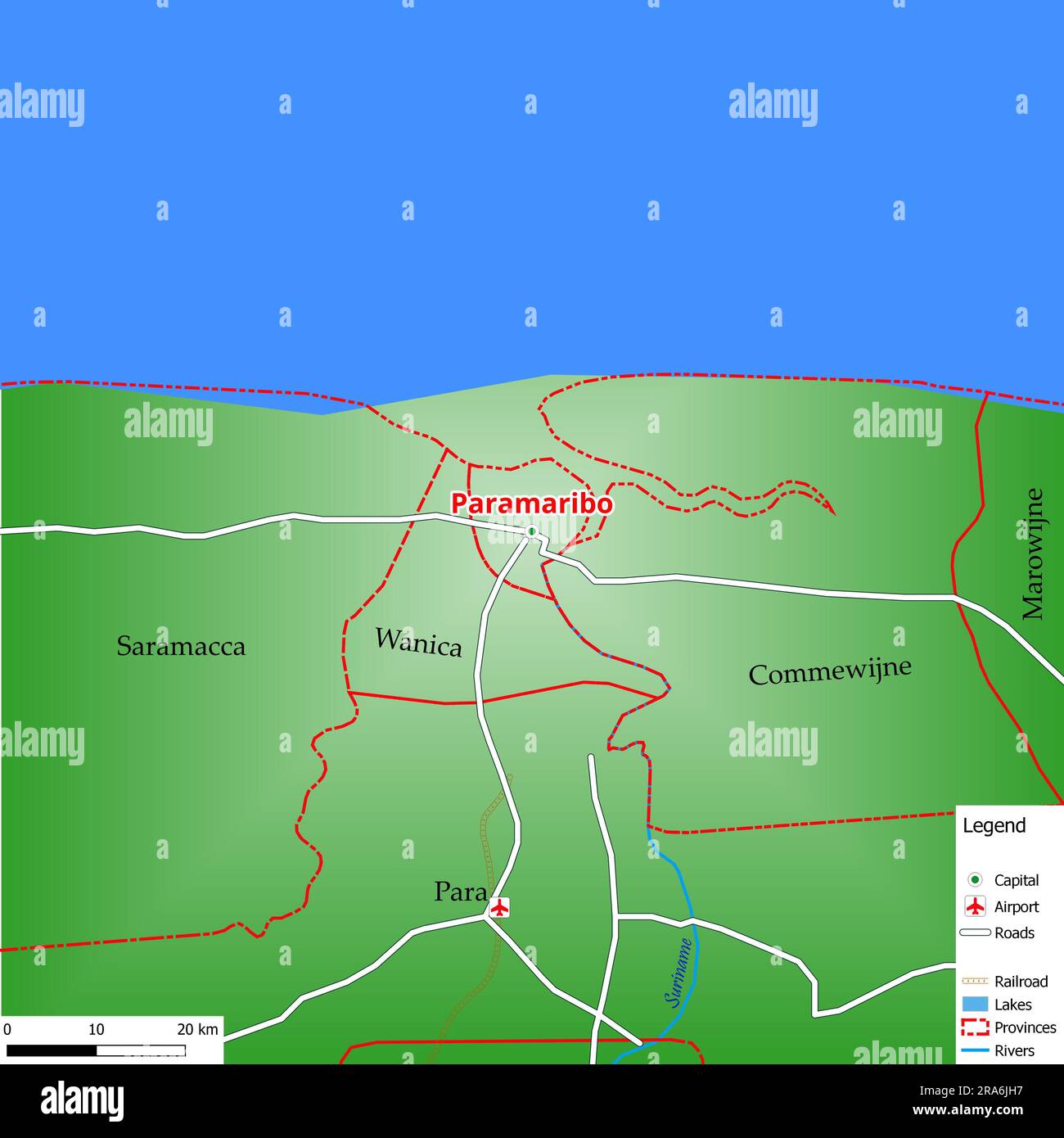 Map of the capital city Paramaribo with main streets, rivers, lakes ...