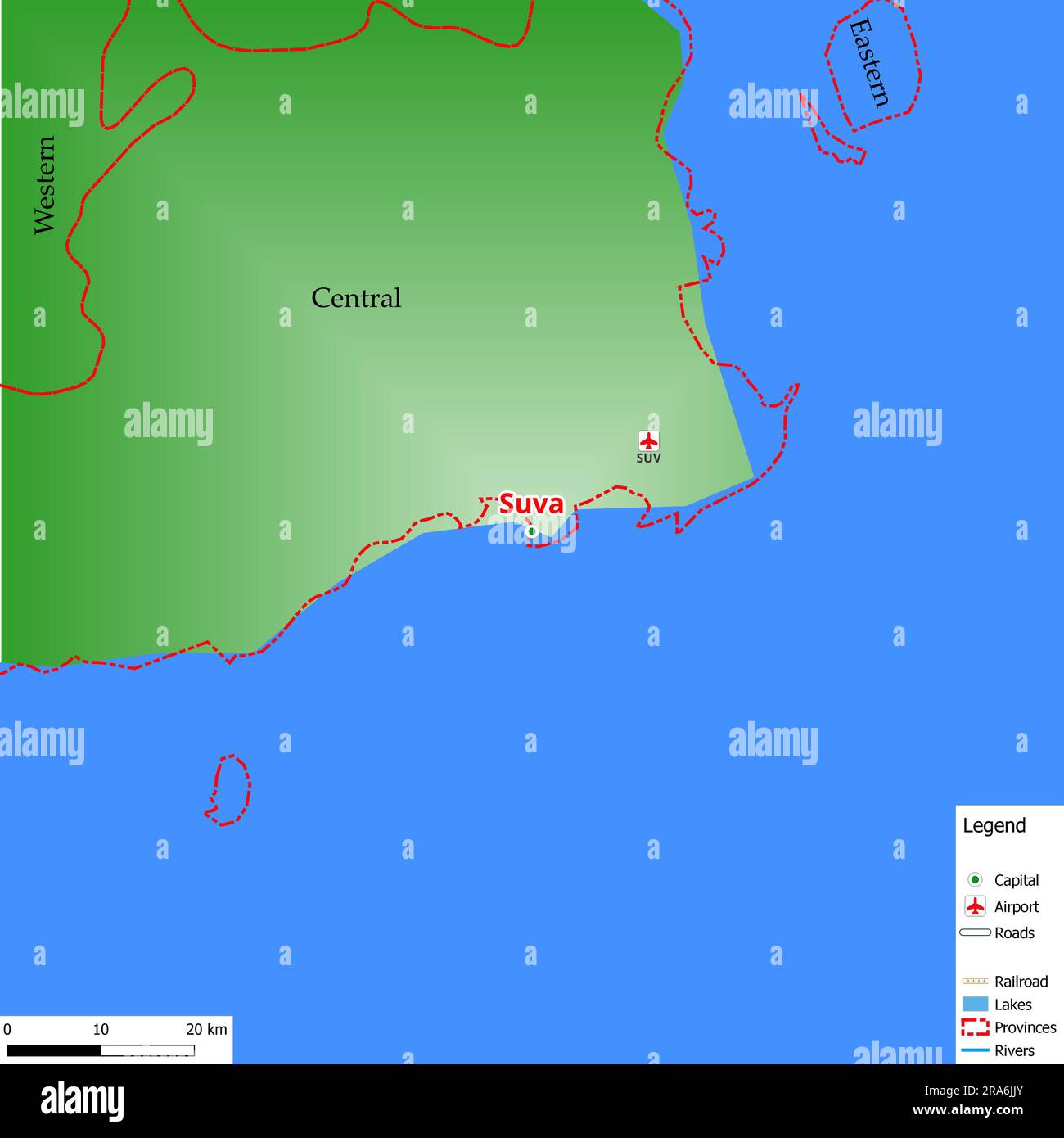 Map of the capital city Suva with main streets, rivers, lakes, urban areas and names of counties near Stock Photo