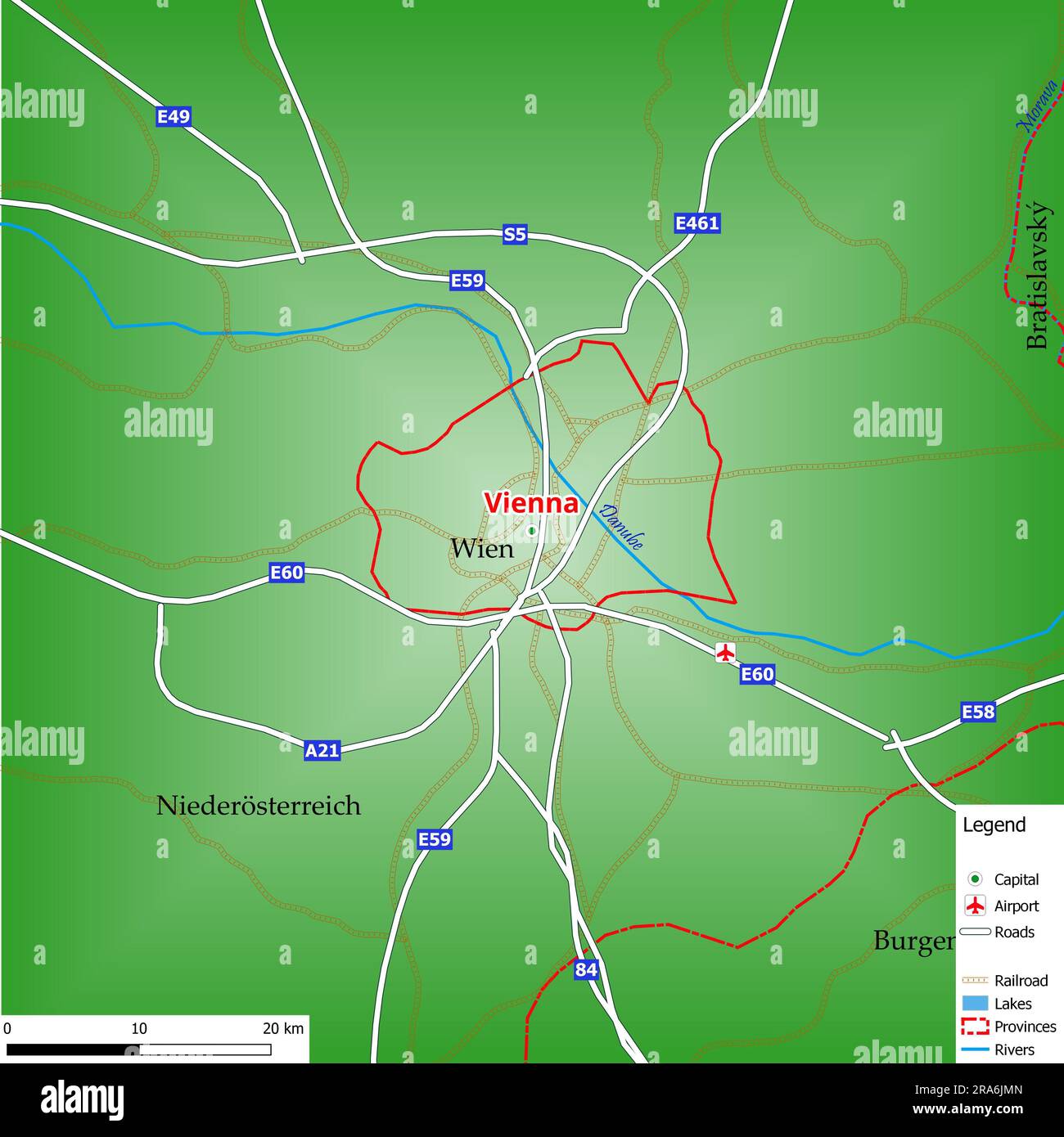 Map of the capital city Vienna with main streets, rivers, lakes, urban areas and names of counties near Stock Photo